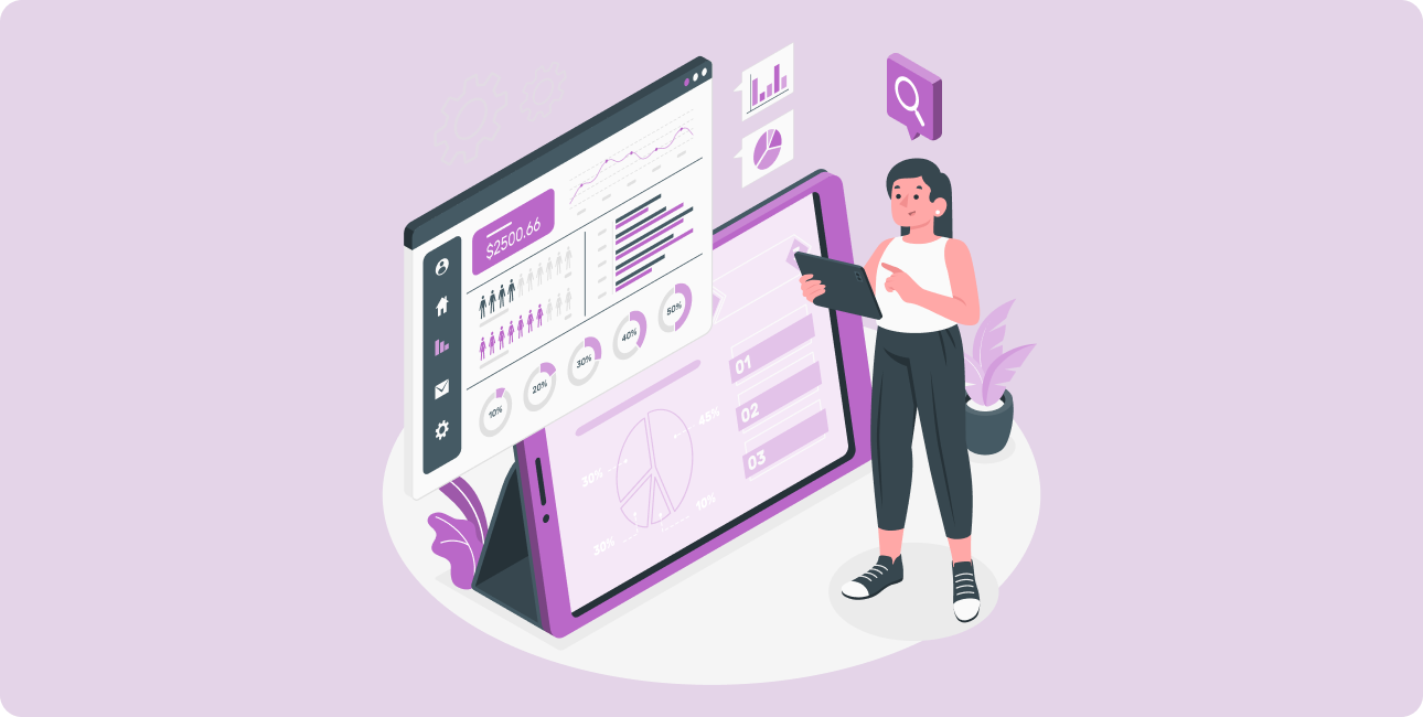 UX-Designerin analysiert Daten auf einem interaktiven Dashboard.