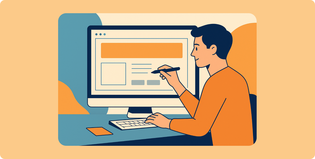 Designer arbeitet an minimalistischem UI, Fokus auf Ästhetik, Ordnung und optimierte Nutzung.
