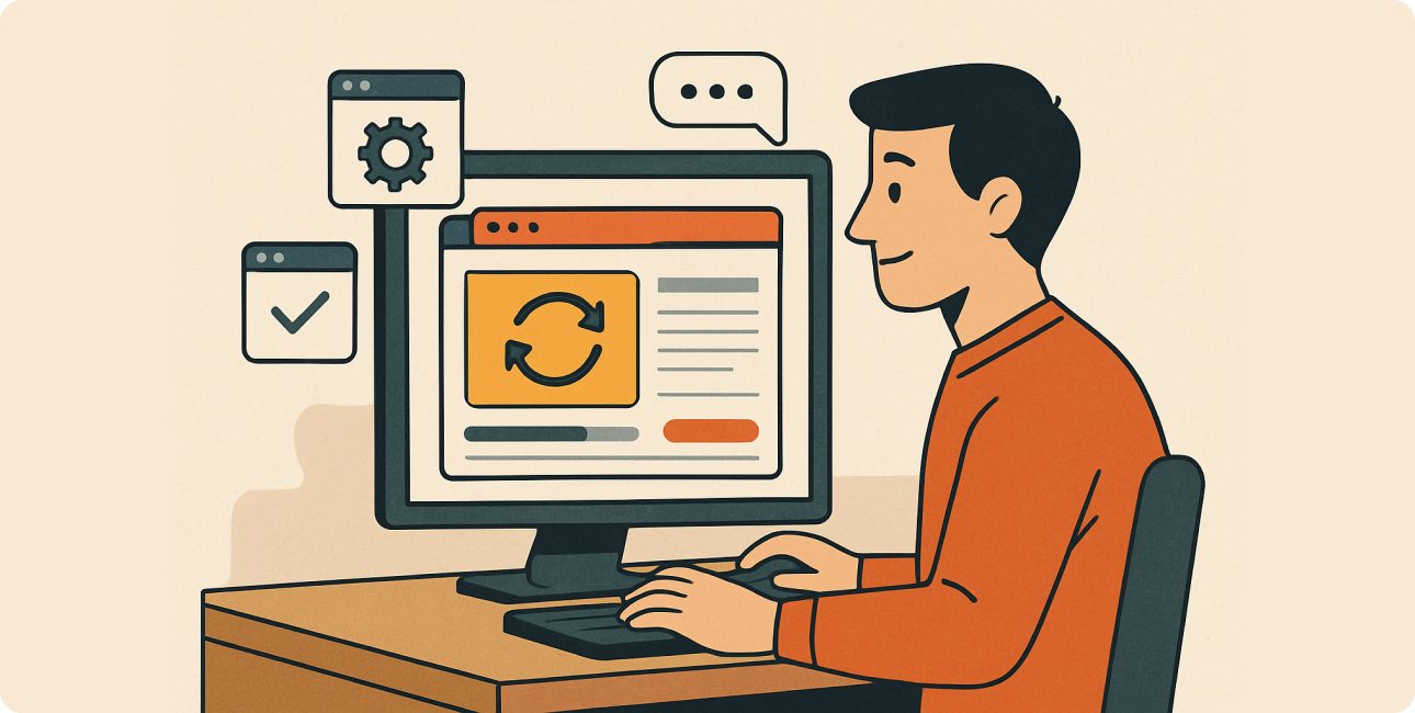 Mann aktualisiert eine Website im Browser, Symbol für Website Änderungen und SEO Optimierung.