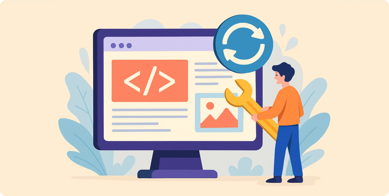 Programmierer führt Website Aktualisierung durch, technische Änderungen und Funktion Updates.