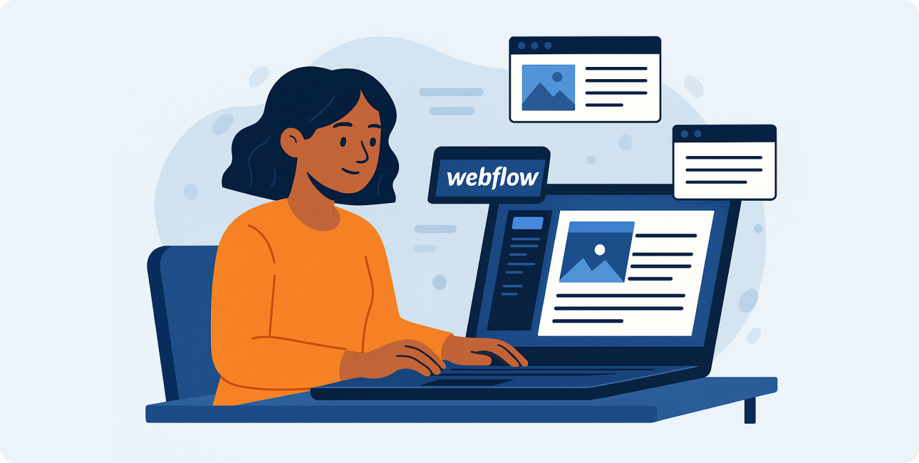 Frau arbeitet im Webflow CMS an einem individuellen Webdesign mit mehreren Browserfenstern und Content.
