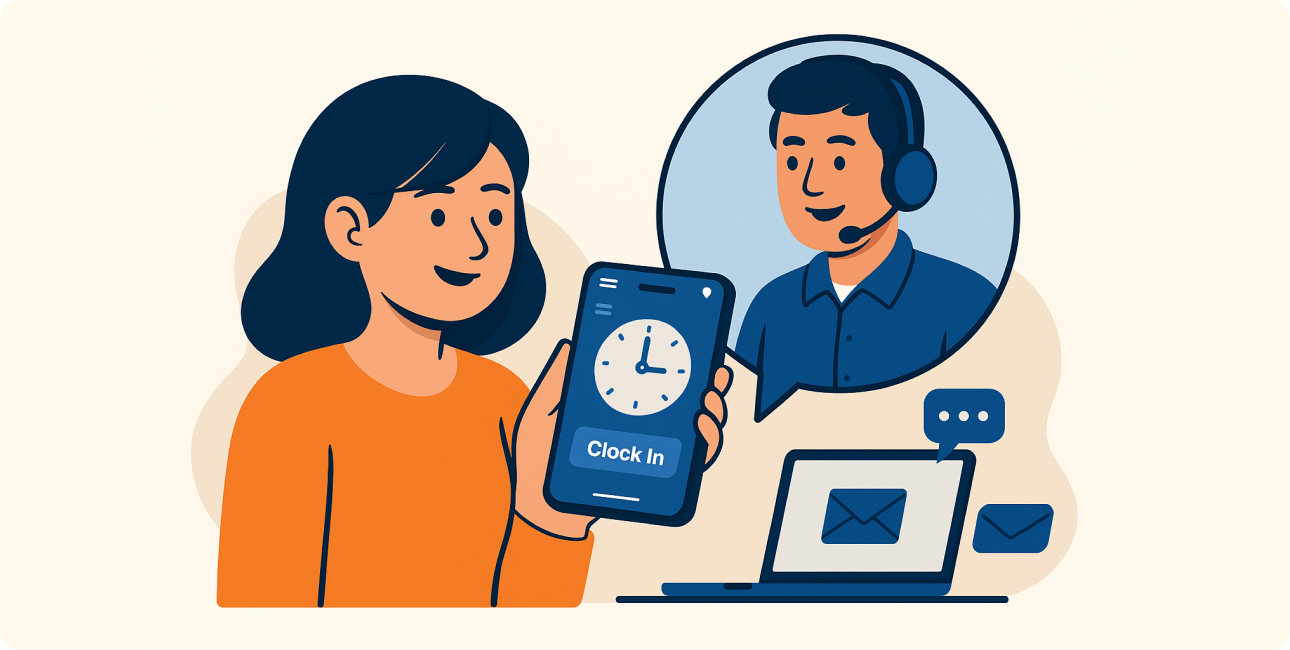 Frau erhält Hilfe und Support zur Zeiterfassung App über Smartphone und E-Mail Kommunikation.