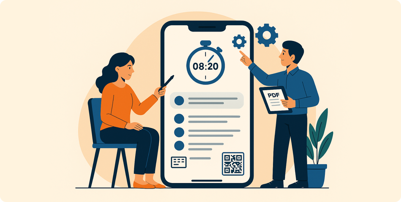Team verwaltet Arbeitszeiterfassung, Buchung von Projekten und PDF Export per App mit QR Code.