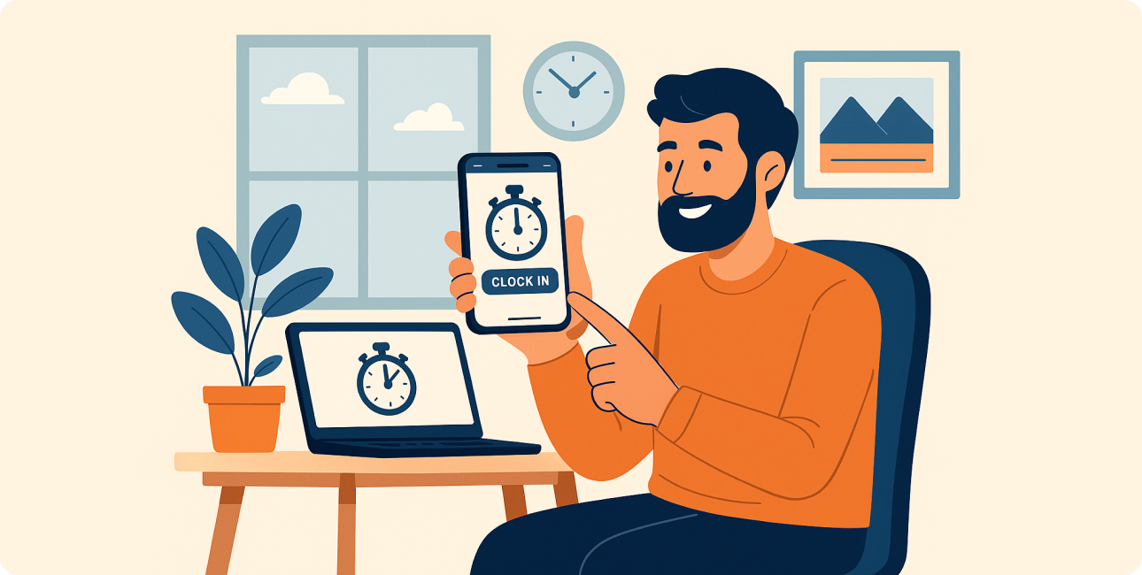 Mitarbeiter nutzt Smartphone App zur Arbeitszeiterfassung und Clockin im Homeoffice.
