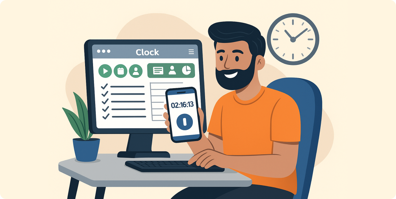 Mitarbeiter verfolgt Arbeitszeiten und Projektzeiten gleichzeitig per Zeiterfassung App und PC Software.