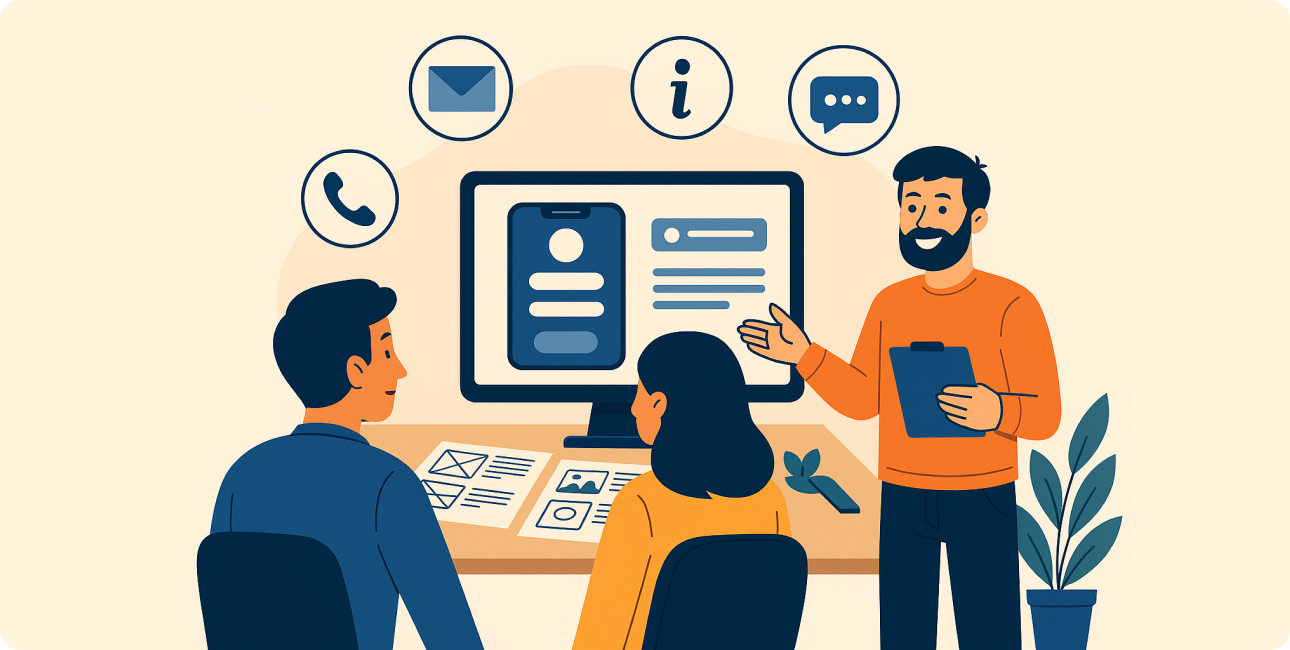 Inhaber präsentiert App-Idee Entwicklern mit Feedback und Kunden-Infos