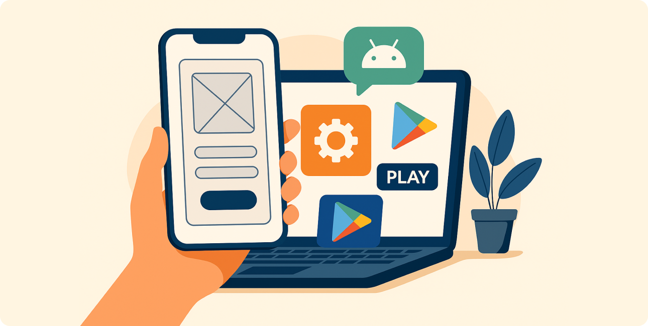 Programmierer arbeitet an iOS und Android App mit Code und Frameworks
