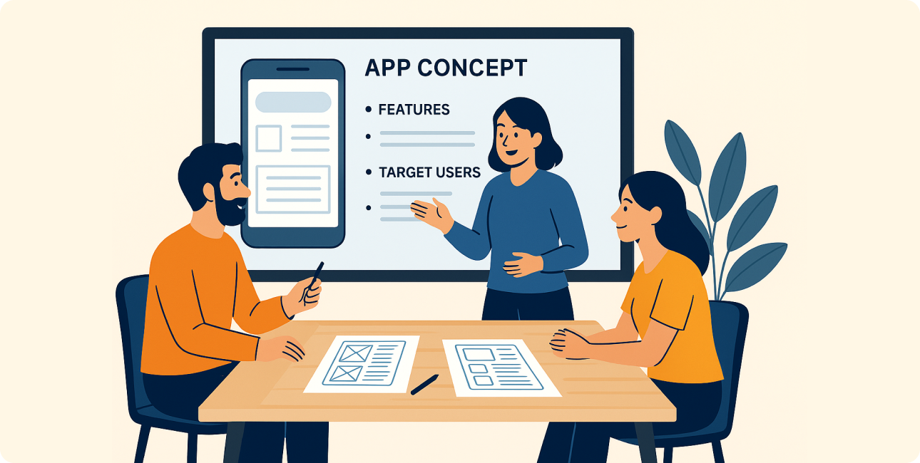 Team entwirft App-Konzept mit Skizzen und Wireframes auf großem Bildschirm.