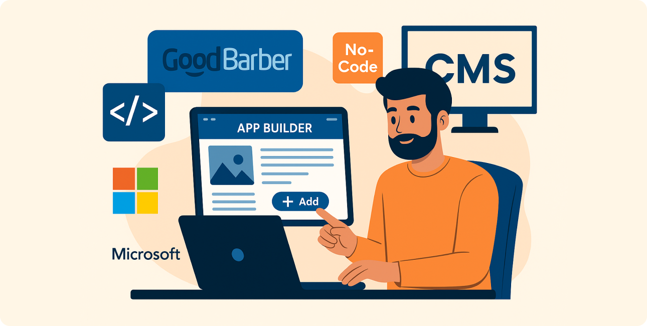 Entwickler nutzt Baukasten-System wie GoodBarber am Laptop mit Drag-and-Drop Interface