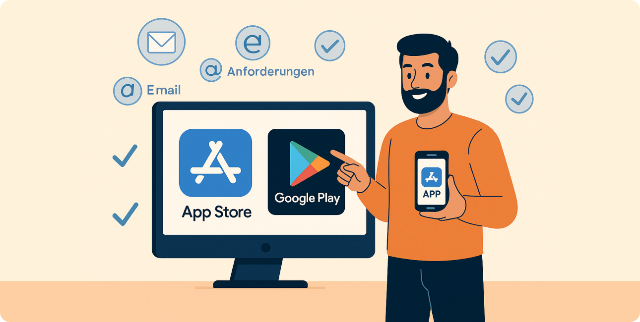 Developer veröffentlicht App im App Store und Google Play mit Upload-Symbolen