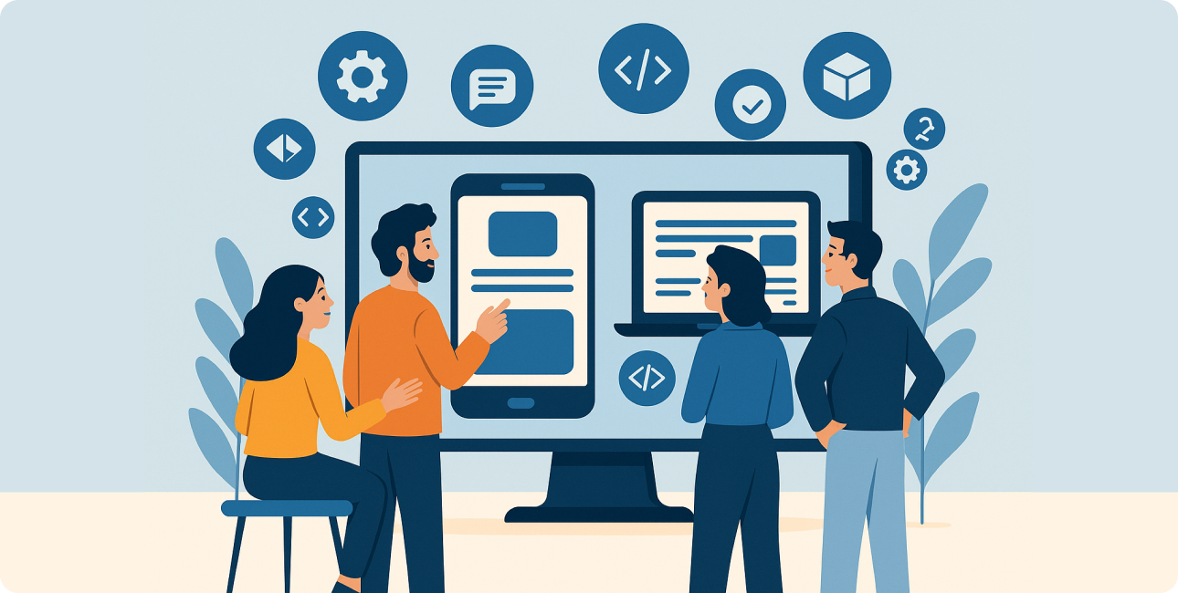 Team betrachtet große App-Preview auf Bildschirm mit Symbolen für Cross Platform Apps und Features