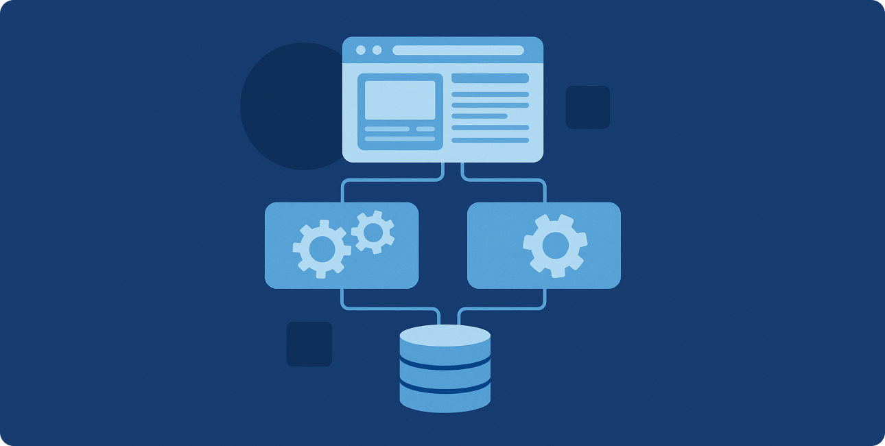 Illustration der Schichten von Web App Architektur mit Business Logik und Datenhaltung.