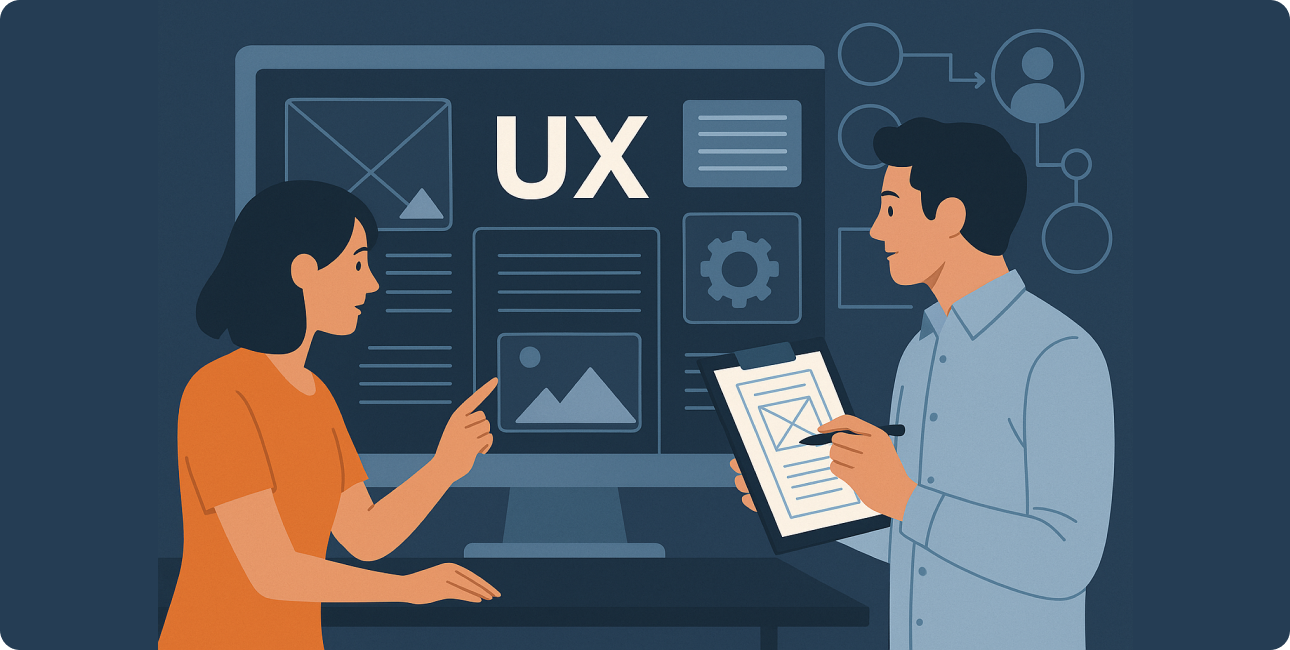 Team arbeitet an UX Design für Web App mit Microservices Modell und Kommunikation zwischen Systemen.