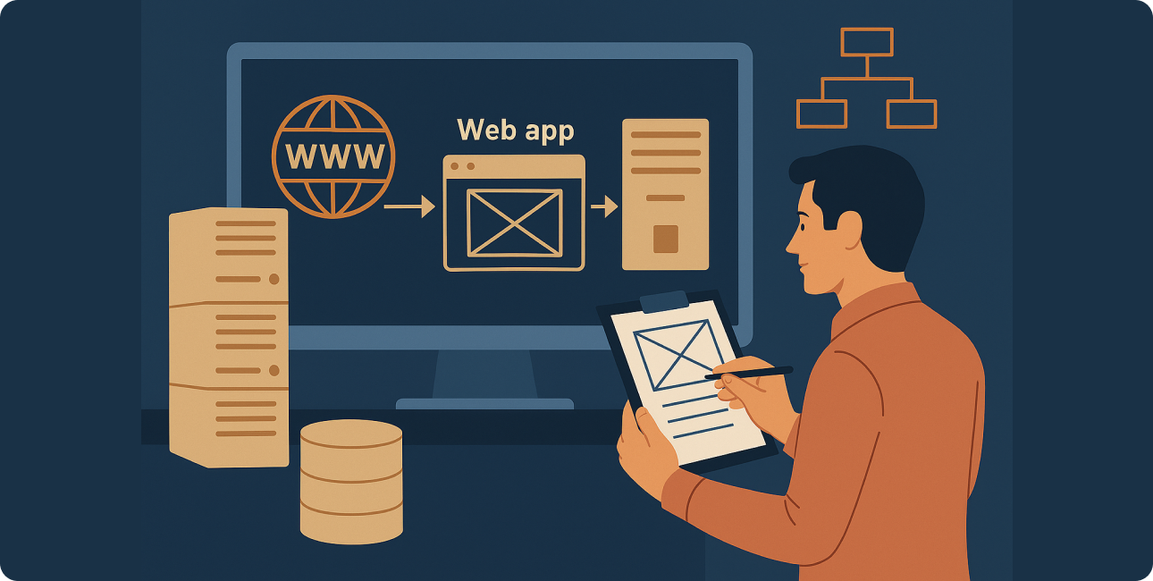 Designer erstellt Web App Wireframe mit n Tier Architektur, Server und Datenbank.