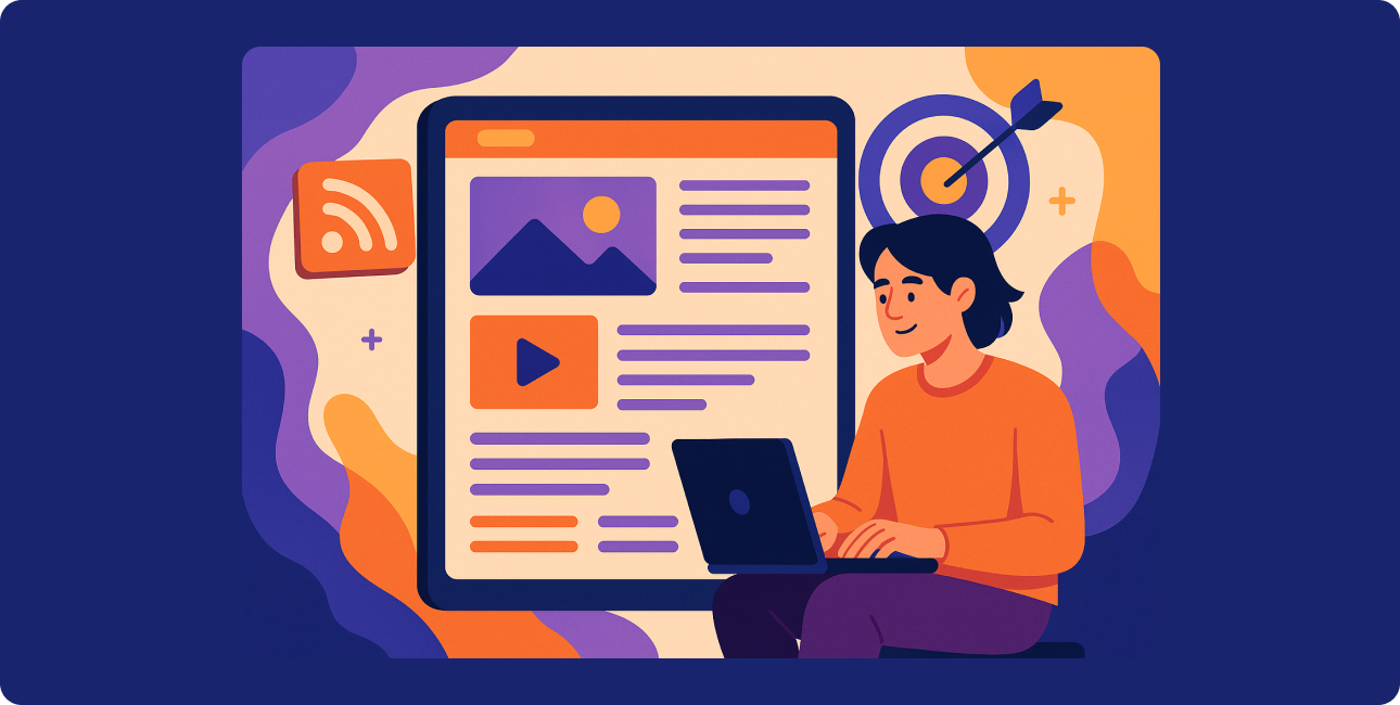 Illustration eines Bloggers, der ein Flat-File-CMS wie Kirby bearbeitet, um Inhalte ohne Datenbank im Internet zu verwalten.