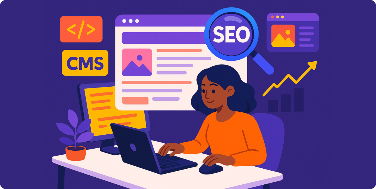 SEO-optimierte Darstellung eines Blogsystems mit Hilfe von CMS, das Bloggern ermöglicht, Daten und Beiträge in der Suche sichtbar zu machen.