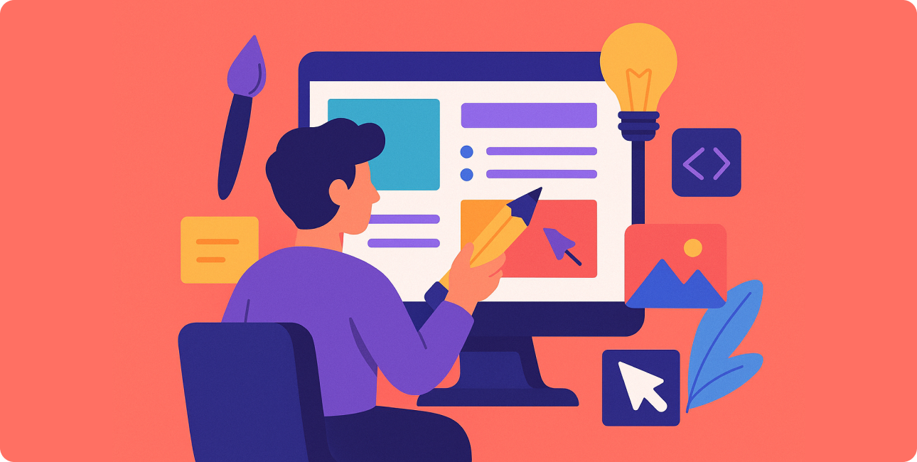 Illustration eines Bloggers, der ein Content Management System (CMS for Blog) nutzt, um Beiträge, Medien und Informationen zu verwalten.