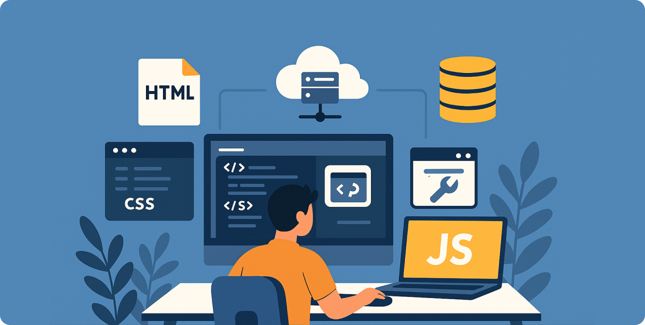 Programmierer lernt Full-Stack Webentwicklung mit HTML, CSS, JavaScript und Cloud-Technologien.