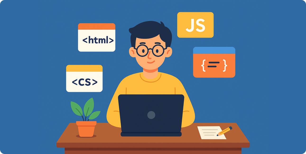 Illustration eines Anfängers beim Web Coding mit HTML, CSS und JavaScript Grundlagen.