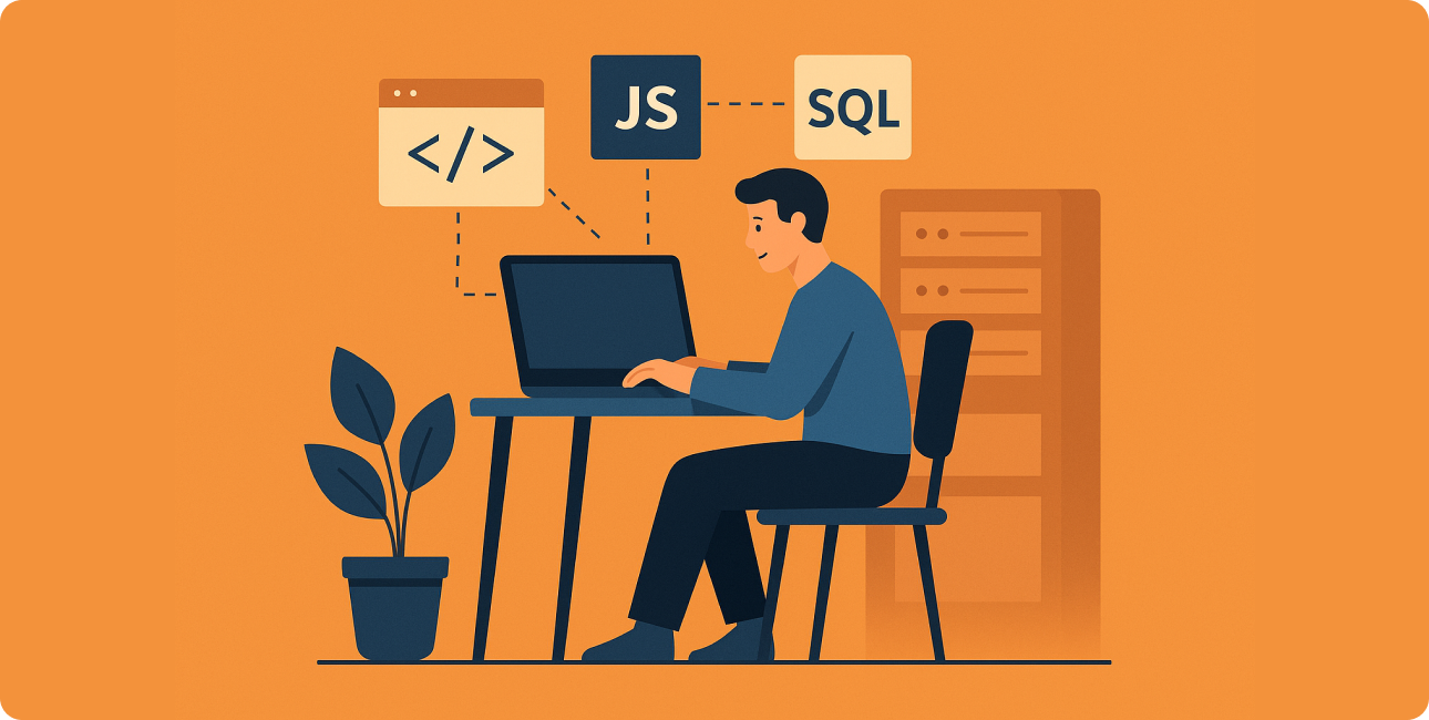 Entwickler arbeitet mit Webtechnologien wie JavaScript und SQL für moderne Webentwicklung.
