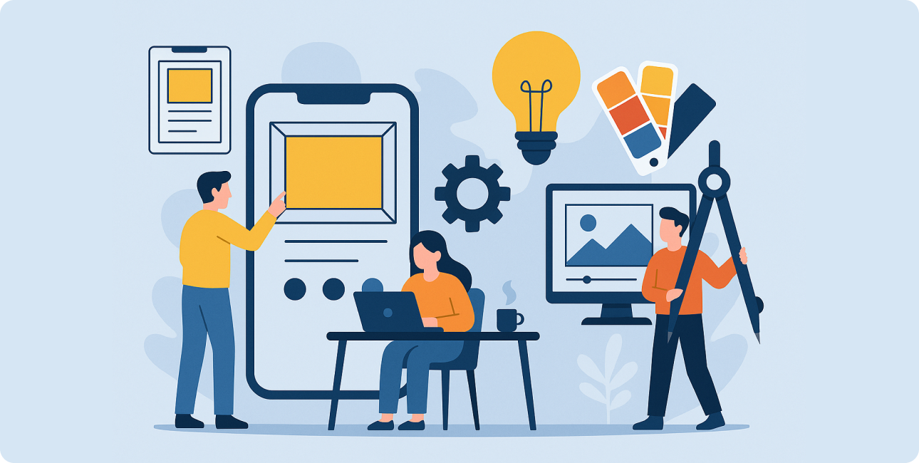 Team von Designern arbeitet gemeinsam am App Design mit Farben, Optik und Tools für Entwickler.