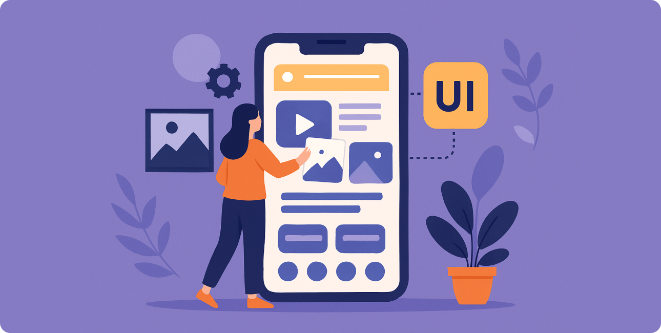 Frau arbeitet am User Interface einer App, mit Fokus auf Farben, Bilder und User Experience.