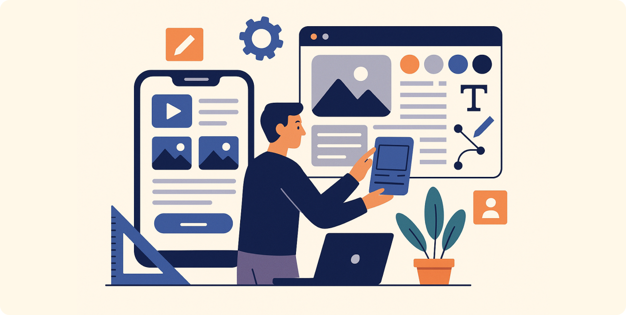 UI- und UX-Designer gestalten App Layouts mit Screens, Dateien und Grafik Design Elementen.