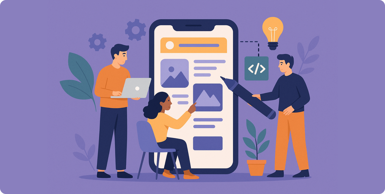 Entwickler und Designer arbeiten im Team am Mobil App Design mit Interaktionsdesign und Feedback.