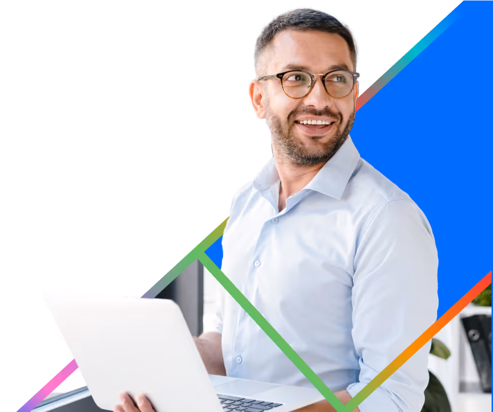 First Technology business man on laptop