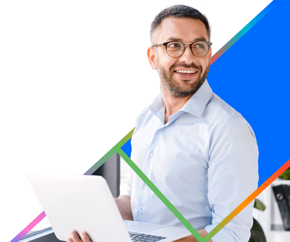 First Technology business man on laptop