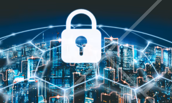 Image of lock and grid superimposed on a cityscape - First Technology Cyber Security Solutions