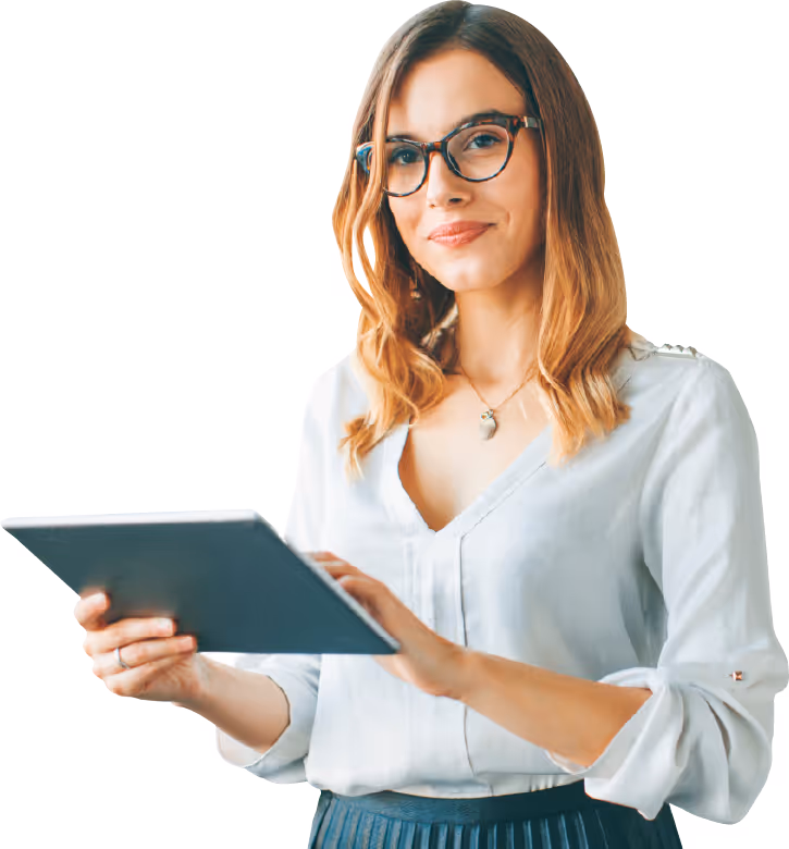 First Technology smiling woman on tablet