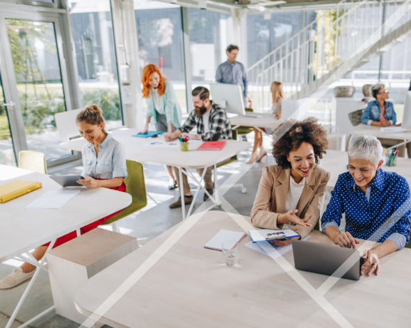 A large office space with people working together