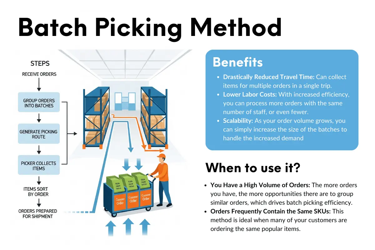 Infographic showing the process for batch picking, benefits, and when to use it.