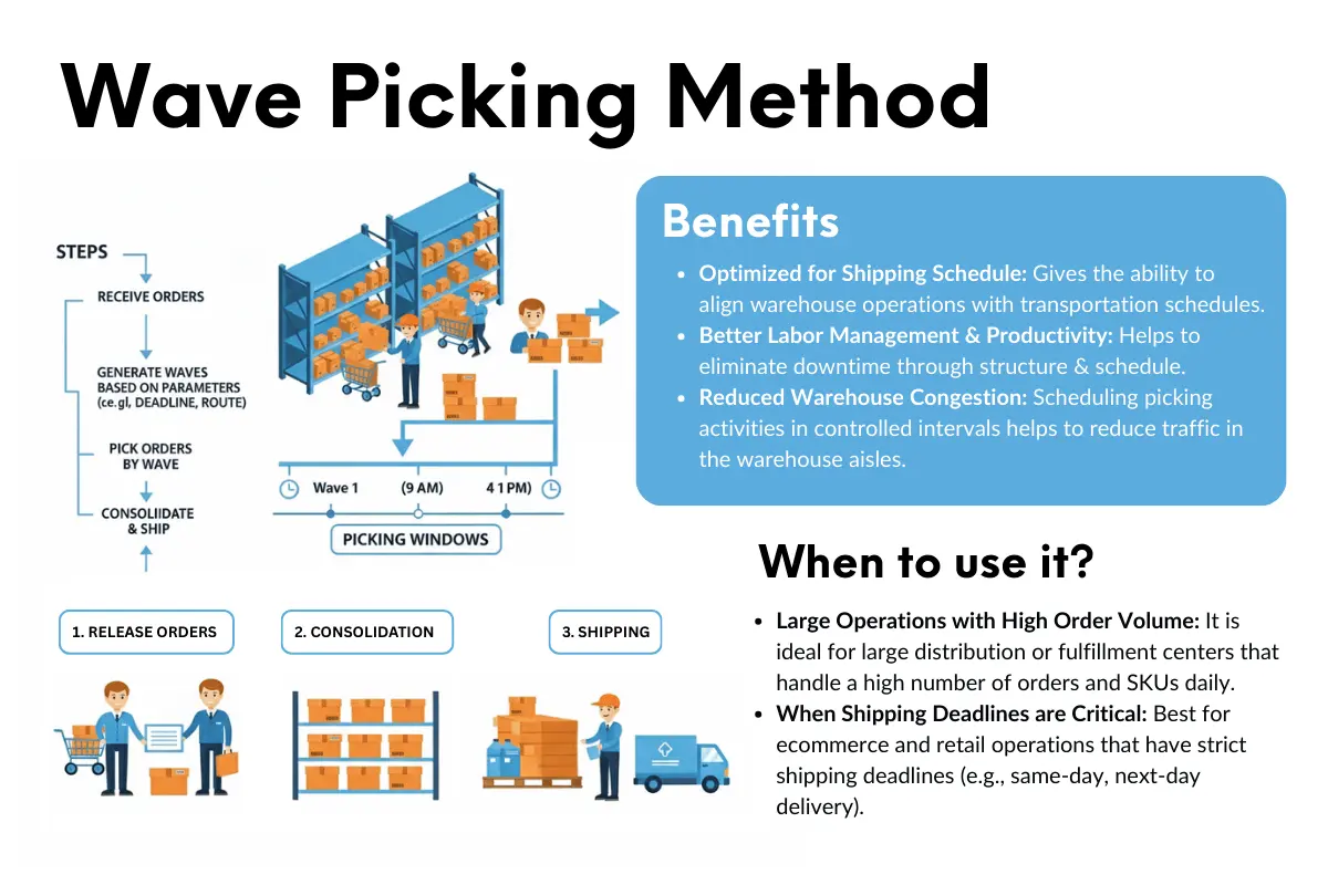 Infographic showing the process for wave picking, benefits, and when to use it.
