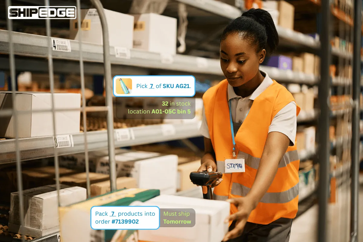 Pick and pack software telling a team members what to pick, where, and packing placement.