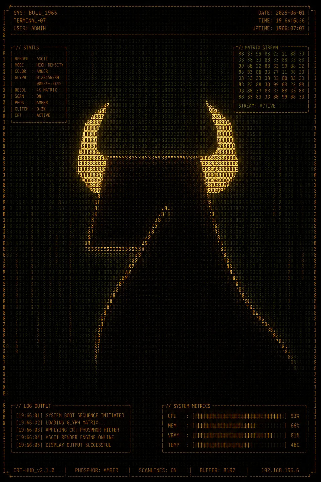 CashCowLab logo rendered in detailed ASCII character art with amber phosphor glow