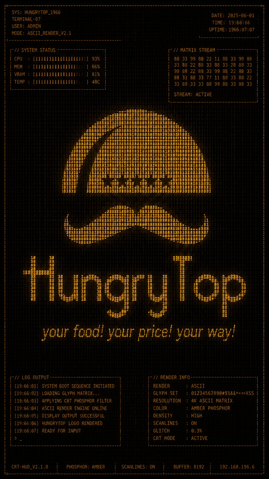 HungryTop logo recreated using glowing ASCII characters with vintage CRT terminal effects, cyberpunk user interface design