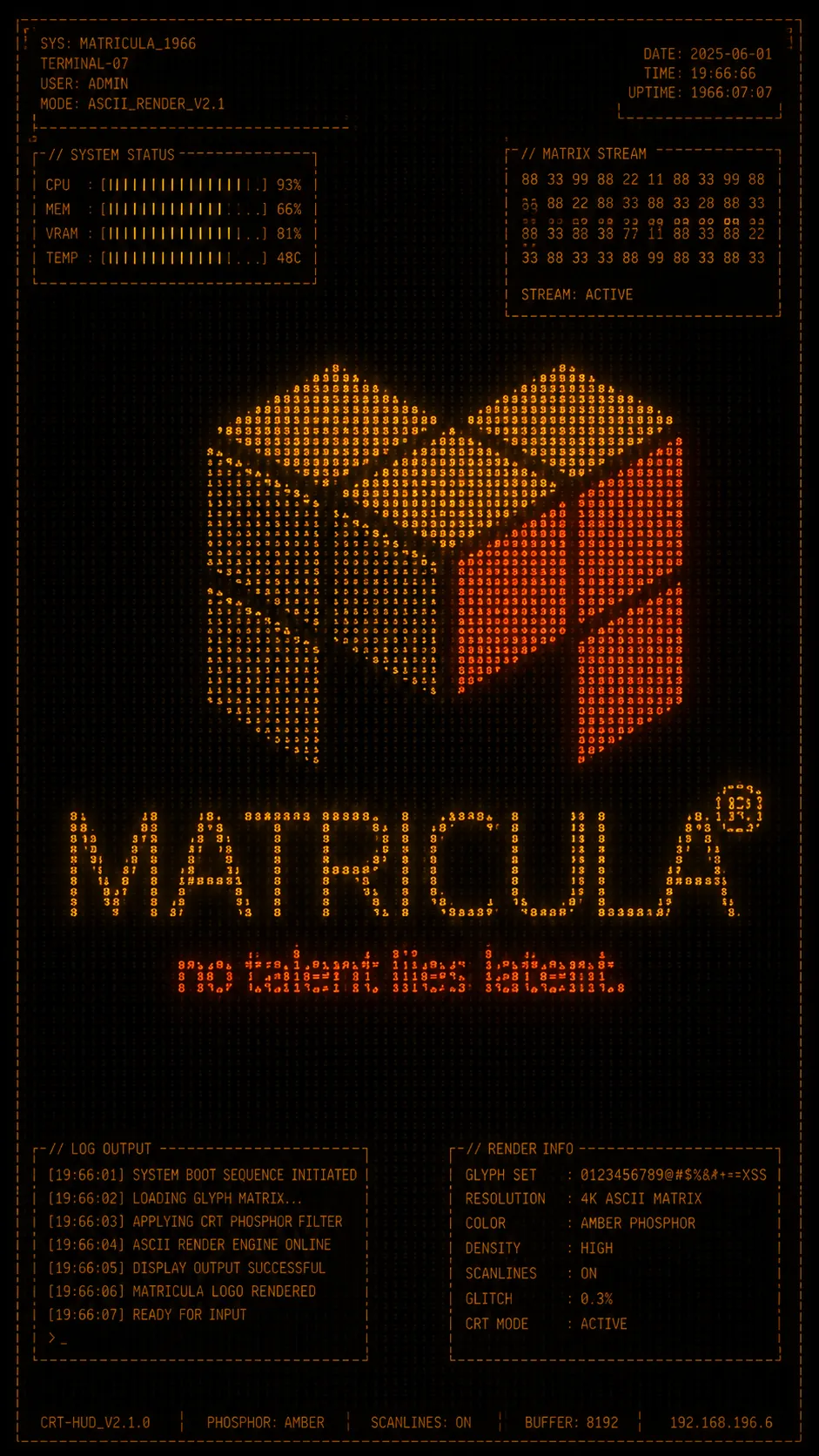 Matricula logo visualized as ultra-detailed ASCII art with retro CRT monitor glow, amber terminal graphics, cyberpunk dashboard elements, and futuristic technology brand identity design