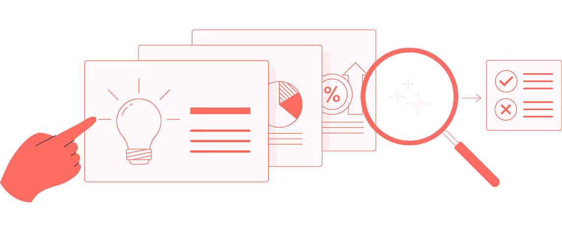 Illustration of a hand pointing to a card with a lightbulb icon, followed by cards with charts, a magnifying glass highlighting sparkles, and a checklist with check and cross marks.