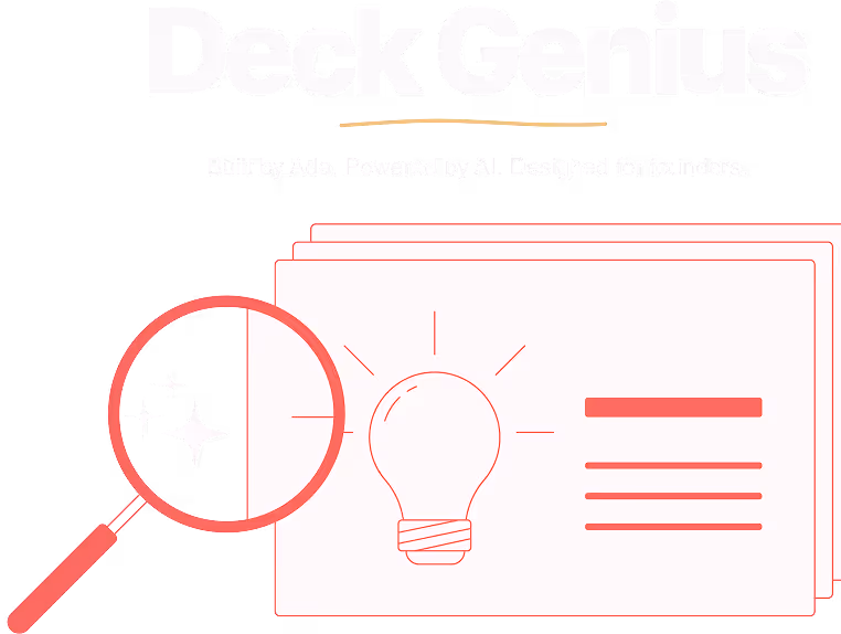 Illustration of a magnifying glass highlighting sparkles over cards showing a light bulb icon and text lines, under the title 'Deck Genius' with the subtitle 'Built by Aids. Powered by AI. Designed for founders.'