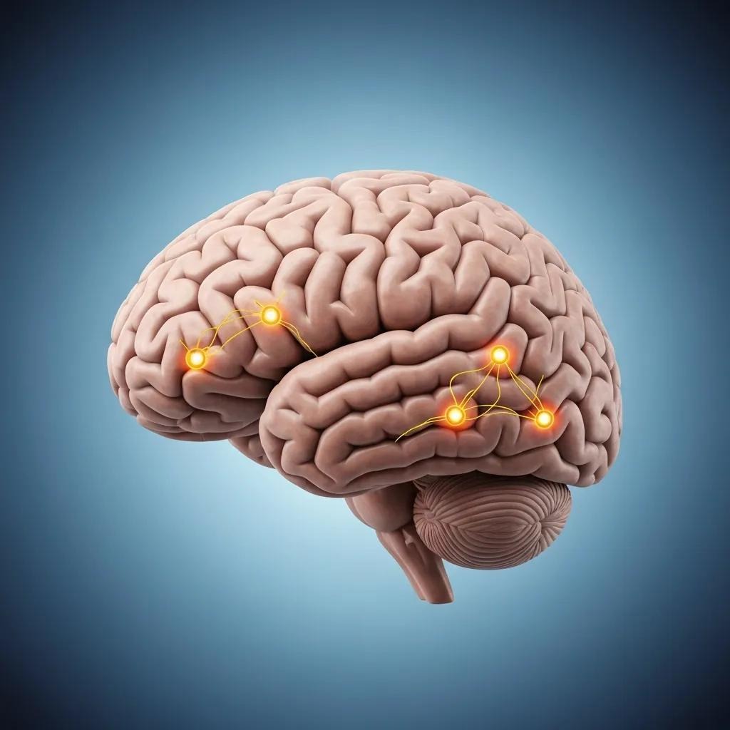 Close-up of a brain highlighting adenosine receptors and neurotransmitter activity affected by caffeine