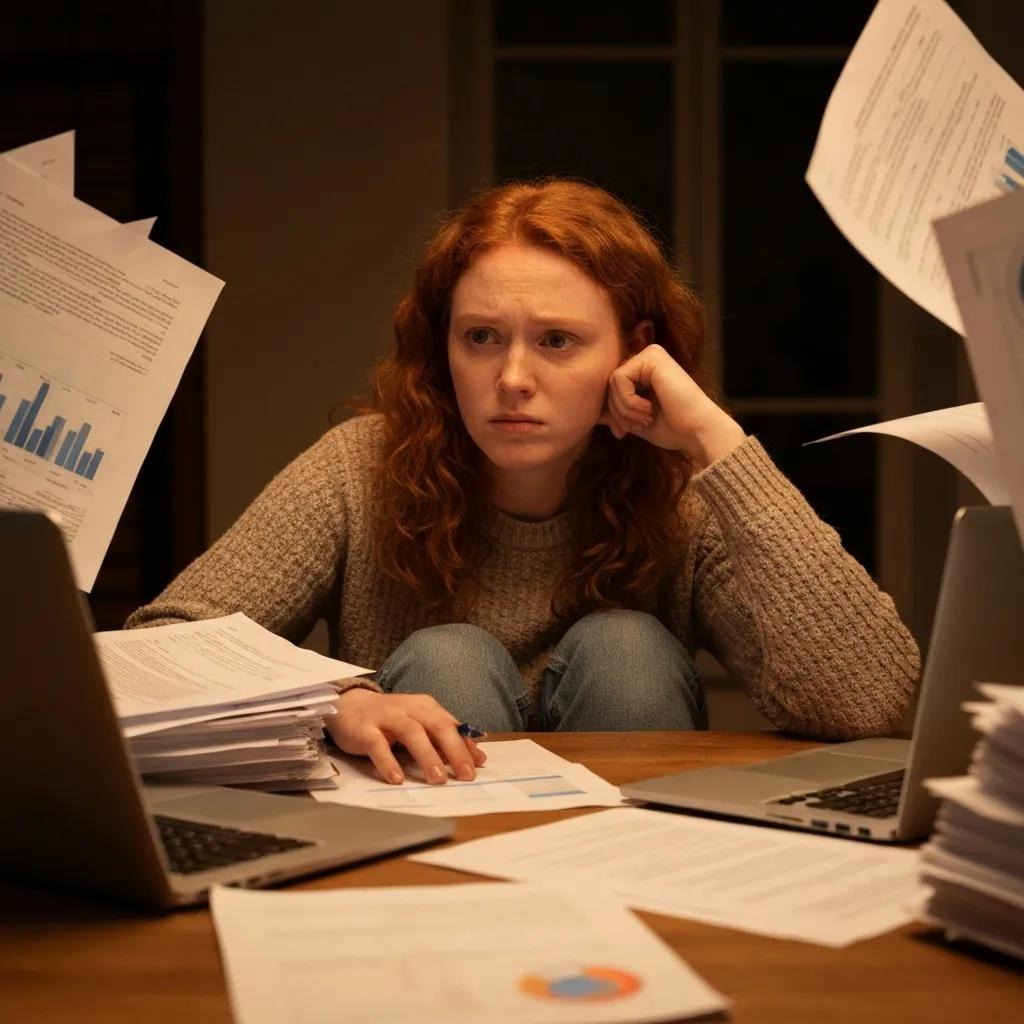 Person at a desk showing emotional and cognitive signs of anxiety, like distraction or tension