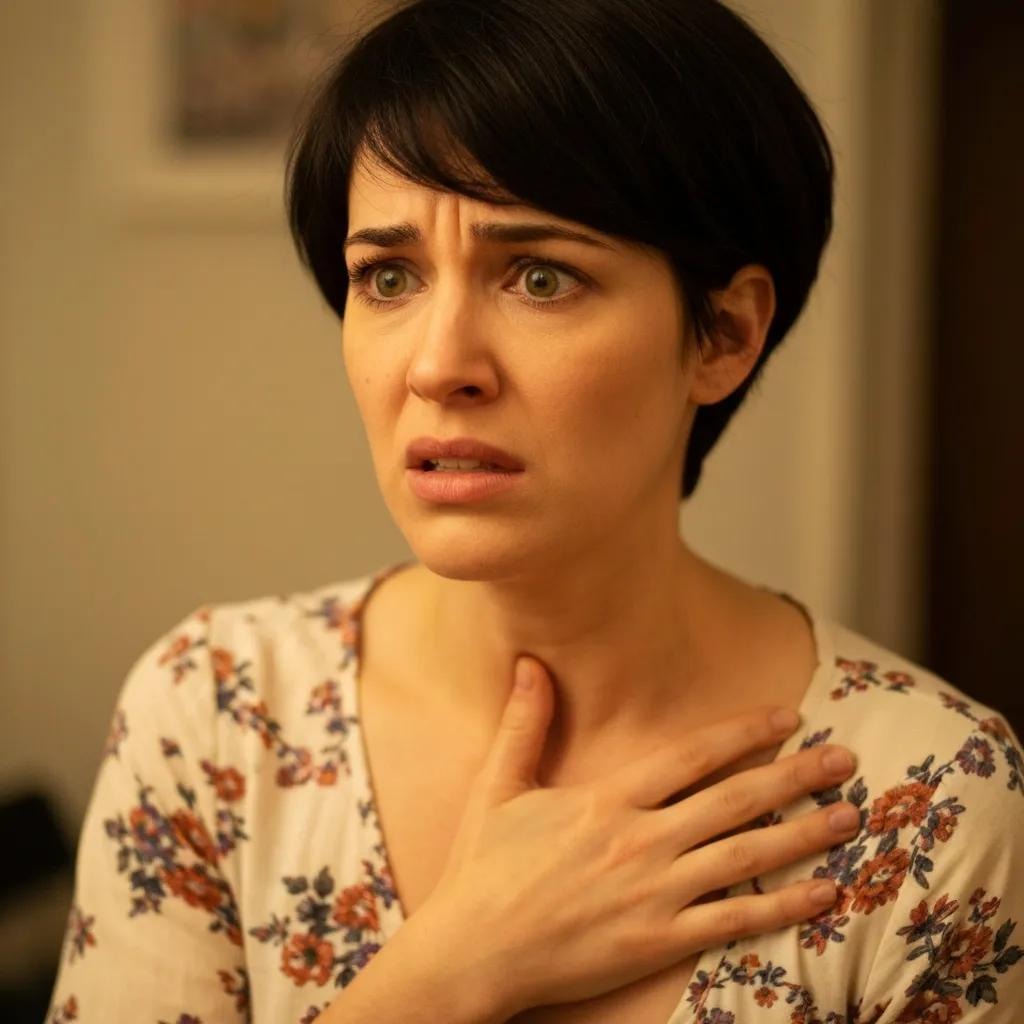 Close-up of someone noticing physical signs of anxiety, like tension or breathlessness