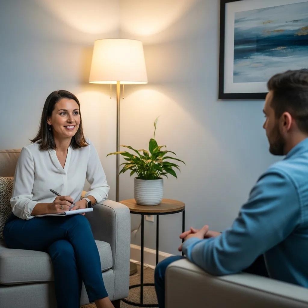 Therapist and client in a calm, supportive session — representing treatment for anger tied to depression