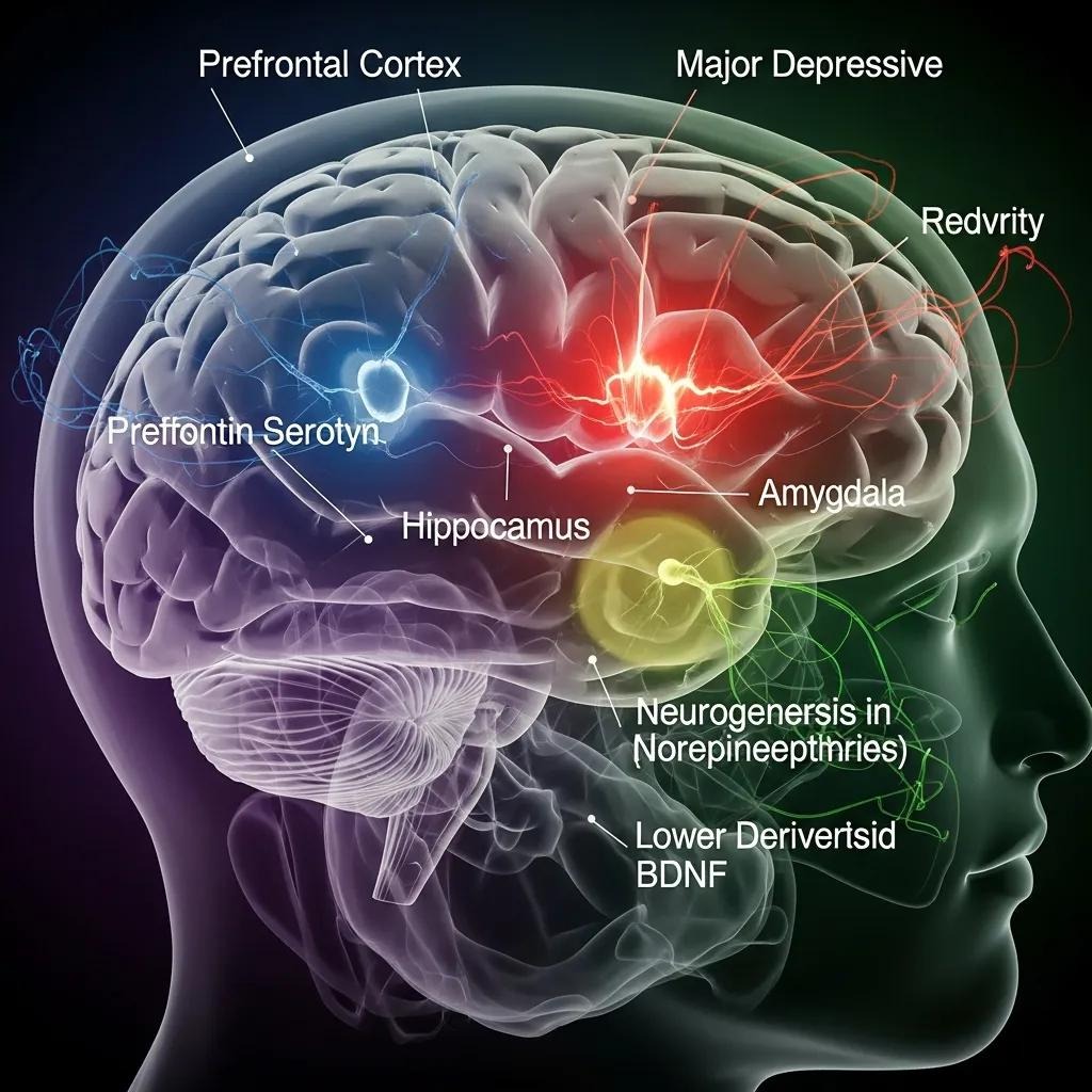 Illustration of the brain with emphasis on neurotransmitter activity linked to Major Depressive Disorder