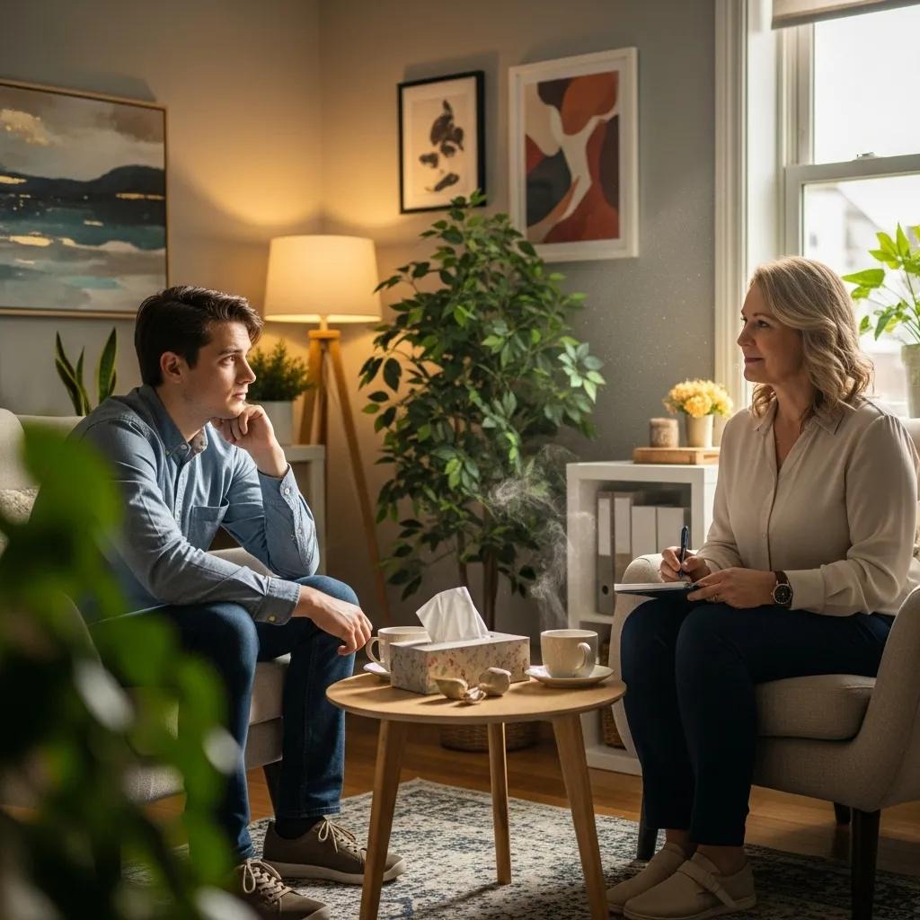 A person meeting with a therapist, representing psychological care for Major Depressive Disorder