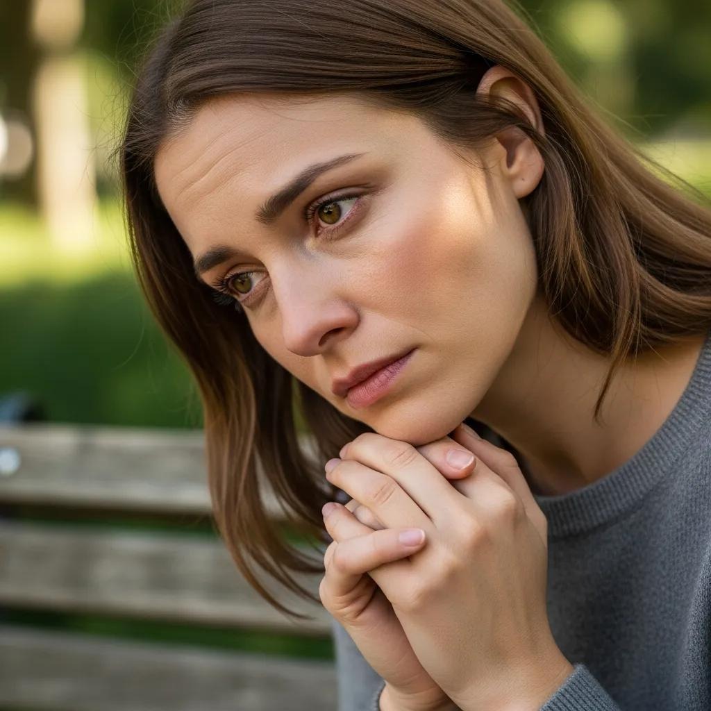 Contemplative woman sitting in a park, reflecting emotional signs of depression