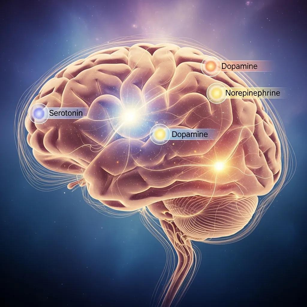 Illustration of a brain highlighting areas and chemical signals involved in mood regulation