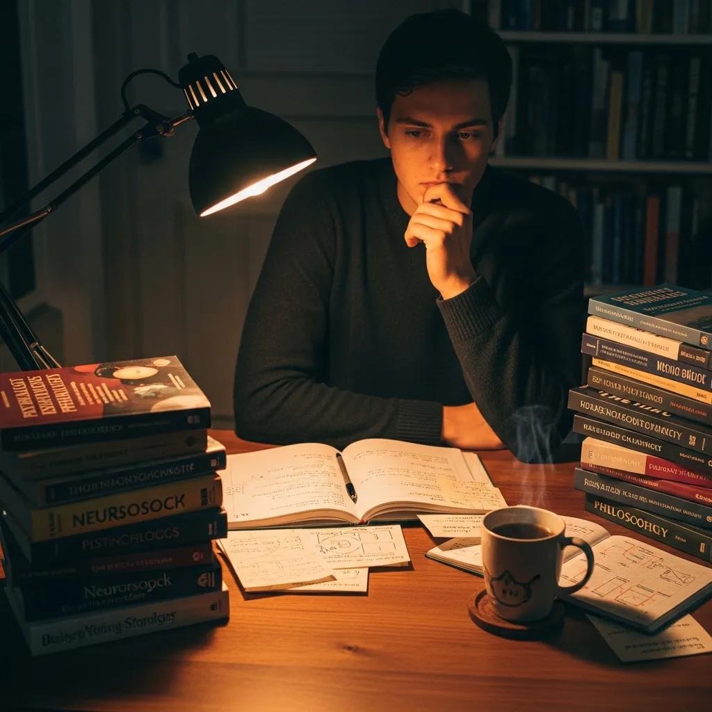 Person thoughtfully considering psychological contributors to depression, with books and notes nearby